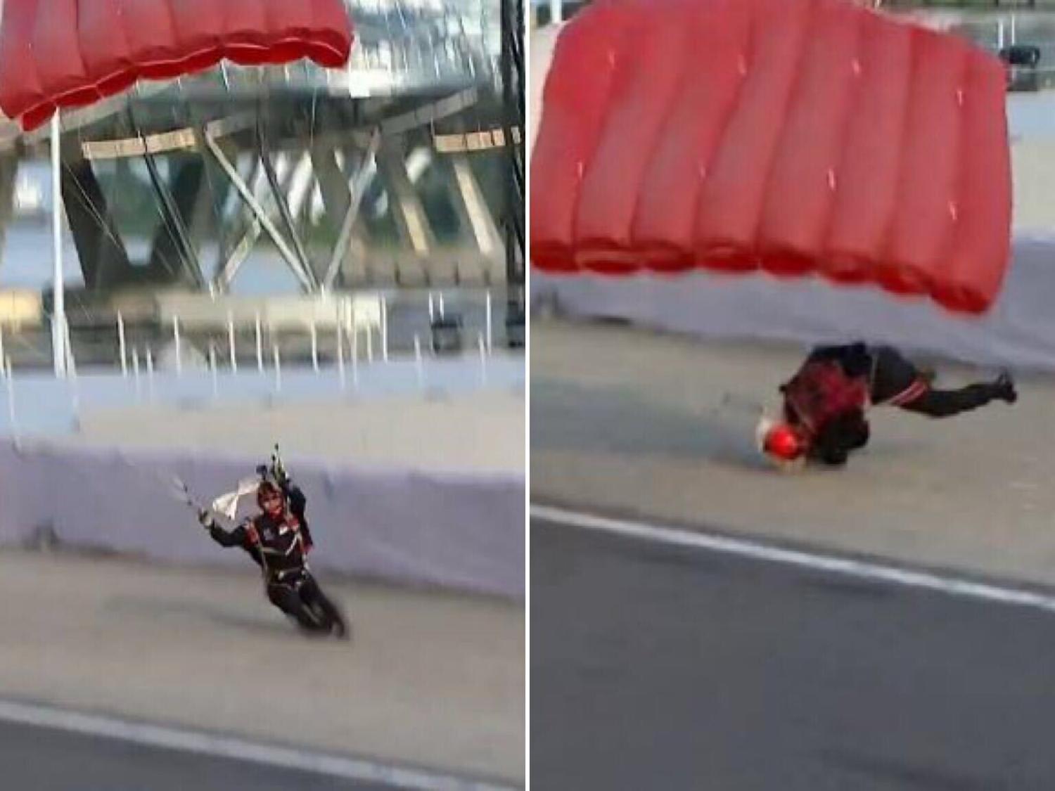 A Red Lion parachutist landed badly at the National Day Parade 2022. A Red Lion parachutist landed badly at the National Day Parade 2022.