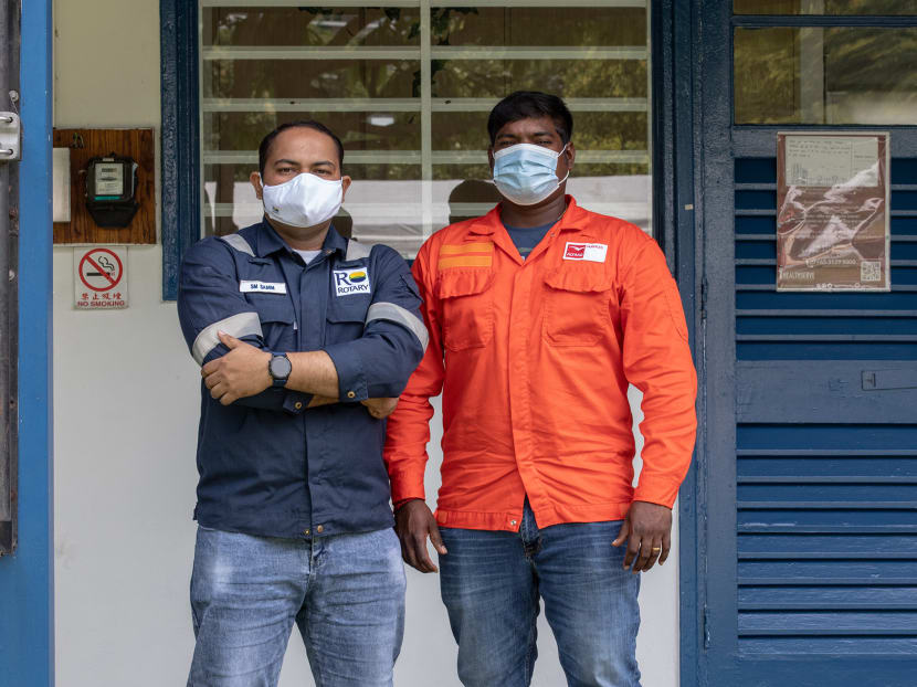 Electrical and instrumentation technician Hasan Samim (left) and scaffolding supervisor Pandiyan Selvamurugan at HealthServe on Feb 22, 2022.