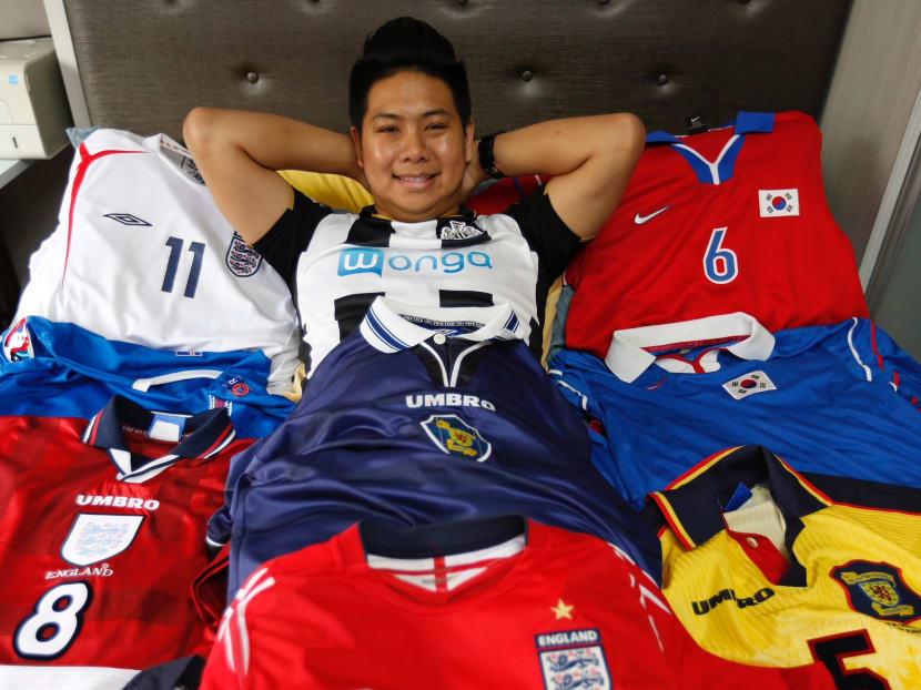 Football jersey collector Terence Ong, 32, spends about S$140 on every jersey he gets after customising them with patches and names. He owns about 150 jerseys.
