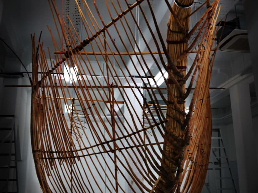 A work in progress, this picture shows of the bow of the 17m-long ship made of rattan, beeswax, and string. It is the centre piece of artist Zai Kuning's presentation at the Singapore Pavilion at the 57th Venice Biennale. Photo: Courtesy of Zai Kuning