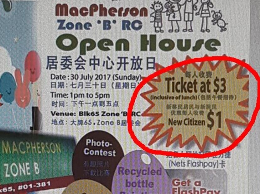 The Macpherson Zone B RC was criticised by residents and netizens, after a poster of the event showing the difference in ticket prices were shared online. Photo: Roger Chua/Facebook