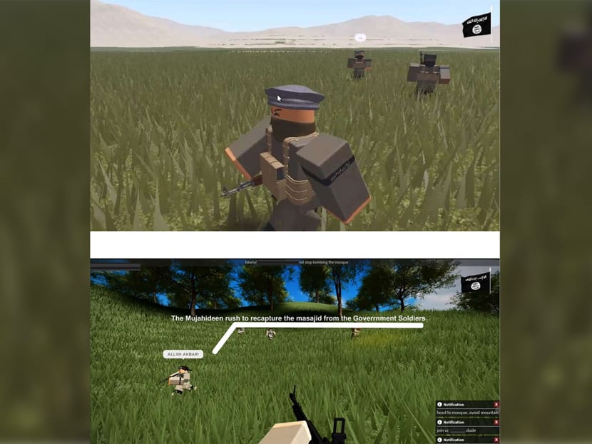 A screenshot of an Islamic State of Iraq and Syria propaganda video created by a 16-year-old radicalised youth using the Roblox online gaming platform.
