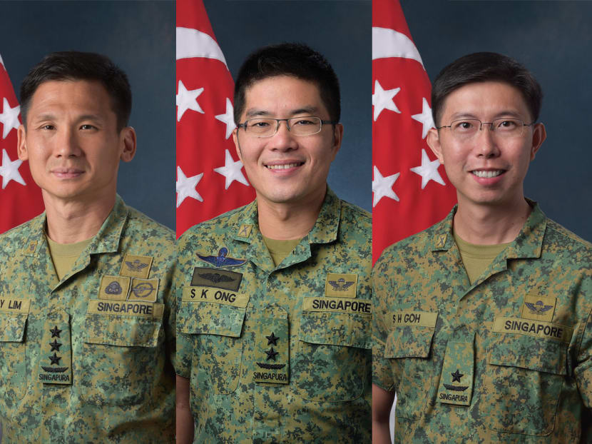 (L-R) Lieutenant-General Perry Lim Cheng Yeow, Major-General Melvyn Ong Su Kiat and Brigadier-General Goh Si Hou. Photo: Mindef