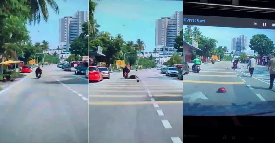 A 28-second video footage of the incident has since gone viral on social media, showing the victim falling off the moving motorcycle and lying on the road after the coconut fell on her. A 28-second video footage of the incident has since gone viral on social media, showing the victim falling off the moving motorcycle and lying on the road after the coconut fell on her.