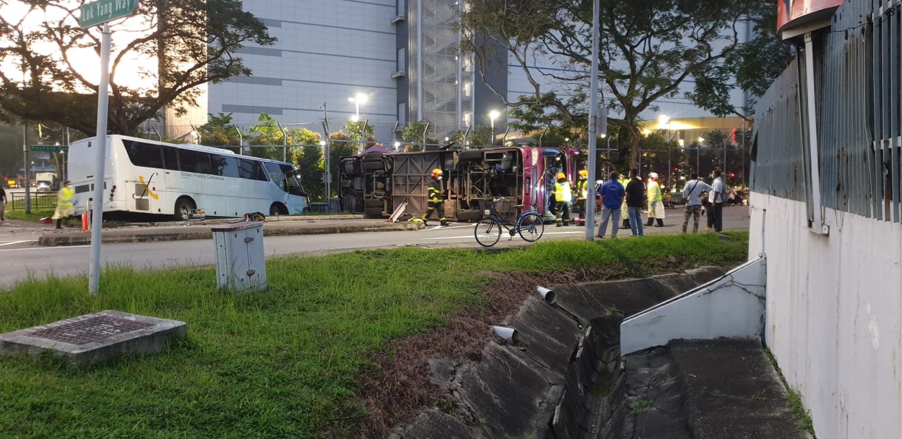 A photo of an accident scene in Joo Koon posted on the "Singapore Bus Drivers Community" Facebook group. A photo of an accident scene in Joo Koon posted on the "Singapore Bus Drivers Community" Facebook group.