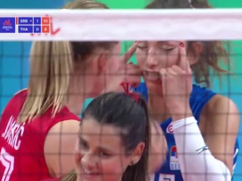 A screen grab showing Serbian volleyball player Sanja Djurdjevic making a racist gesture during a Nations League game against Thailand on June 1, 2021.