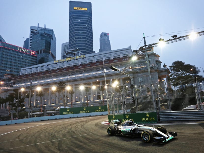 Lewis Hamilton of Mercedes drives during the Formula 1 Singapore Grand Prix first practice session. Photo: Jason Quah/TODAY