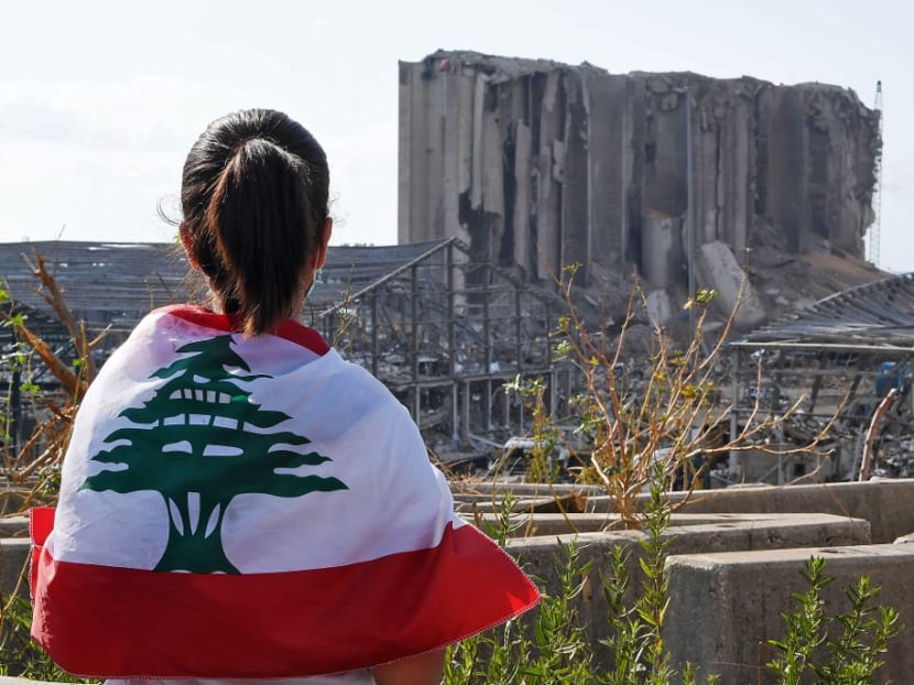 A Lebanese youth wrapped in the national flag looks at the damaged grain silos at Beirut's port, on August 11, 2020, where a huge chemical explosion devastated large swathes of the capital.