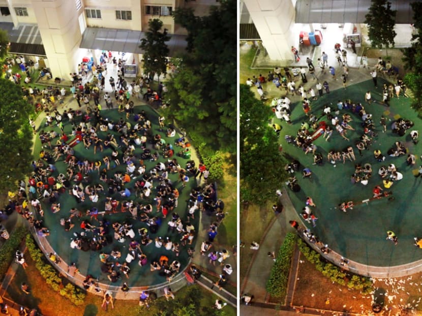 Although the initial hype over Pokemon Go has died down, crowds are still a common sight - albeit smaller - at several hot spots for Pokemon hunting. (From left to right) The crowd at Block 401 Hougang Avenue 10 on Aug 11; the crowd on Aug 31 at the same location. Photo: Ooi Boon Keong, Raj Nadarajan