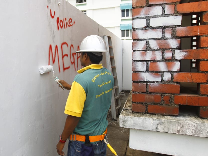 Profanities were spotted at the rooftop of a HDB block at Toa Payoh on May 7, 2014. Photo: Ernest Chua