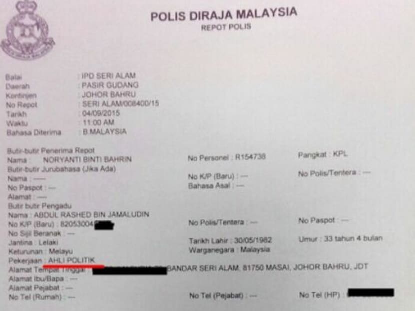A photograph of the police report against Mr Najib Razak over the RM2.6 billion that went to his personal bank accounts, as lodged by Mr Abdul Rashed Jamaludin, an UMNO division member in Johor. Photo: The Malaysian Insider