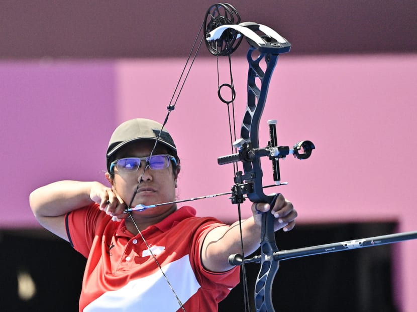 Nur Syahidah Alim competes in the Tokyo Paralympics Women's Compound Open Elimination event on Aug 30, 2021.