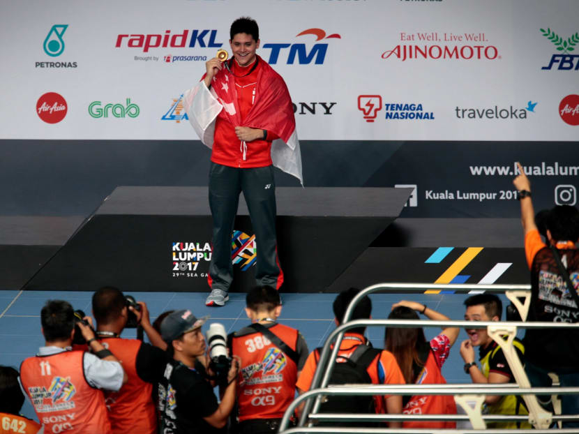 Joseph Schooling at the victory ceremony after competing in the SEA Games men's 50m butterfly at National Aquatics Centre in Kuala Lumpur on August 21, 2017. Photo: Jason Quah/TODAY