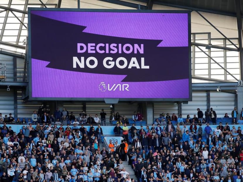 General view of the big screen displaying VAR decisions at the Etihad Stadium, Manchester, Britain, Aug 17, 2019. 