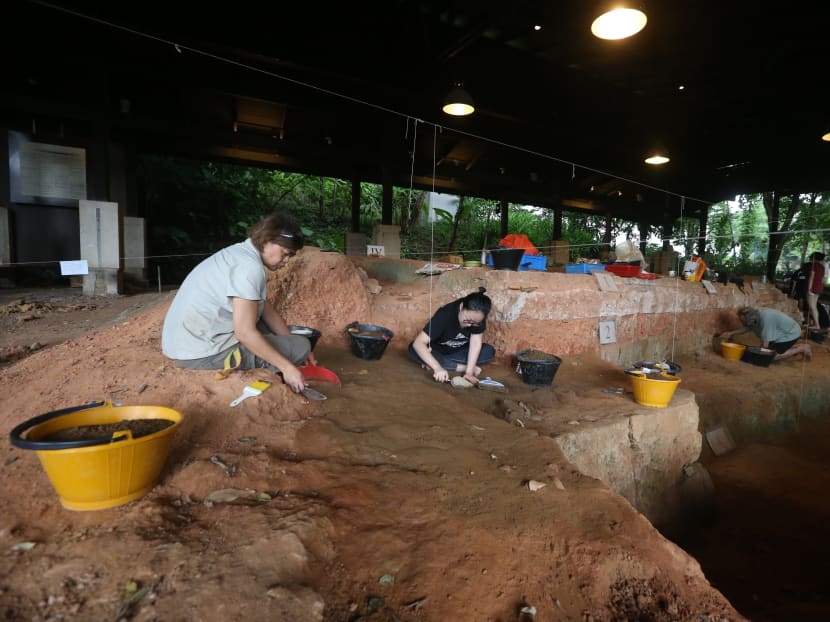 Photo of the day: NTU School of Humanities’ Associate Professor Goh Geok Yian (left) and a volunteer working at the Archaeological Dig exhibition site at Fort Canning Park.