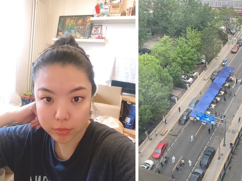 Ms Cheang Yit Shan (left) in her Beijing apartment on April 27, 2022. (Right) The tent set up for Covid-19 testing at her apartment compound.