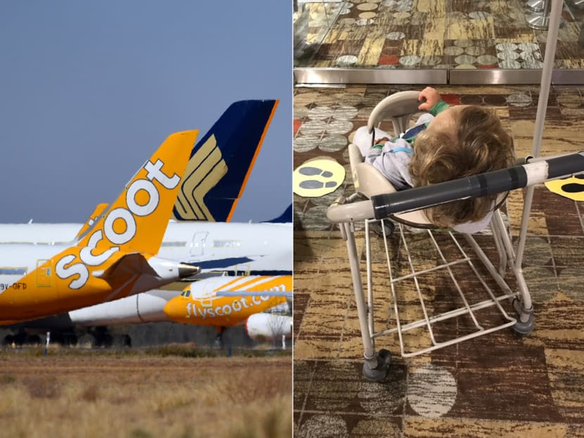 Ms Irene Caselli, her partner and two-year-old son (pictured right) were initially offered no alternative accommodations besides "sleeping on the floor" at Changi Airport after their Scoot flight home to Athens, Greece was cancelled.
