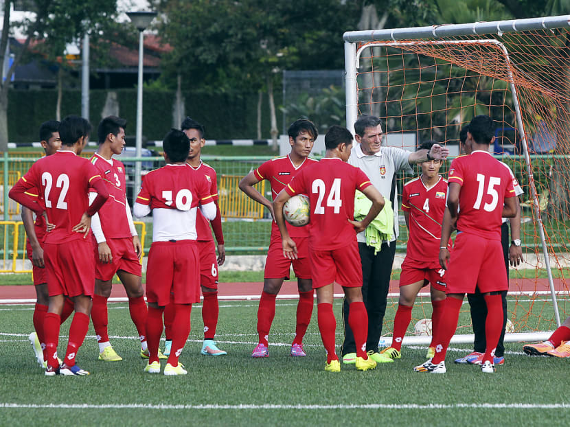 Avramovic (in white) during a training session with the Myanmar team at Serangoon Stadium on Wednesday. Photo: Ooi Boon Keong