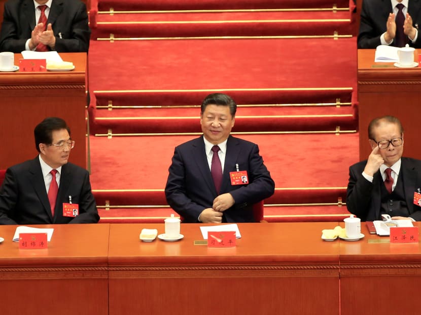 (L to R) Former Chinese president Hu Jintao, Chinese President Xi Jinping and former Chinese president Jiang Zemin are seen during the opening session of the 19th National Congress of the Communist Party of China at the Great Hall of the People in Beijing. Photo: Reuters