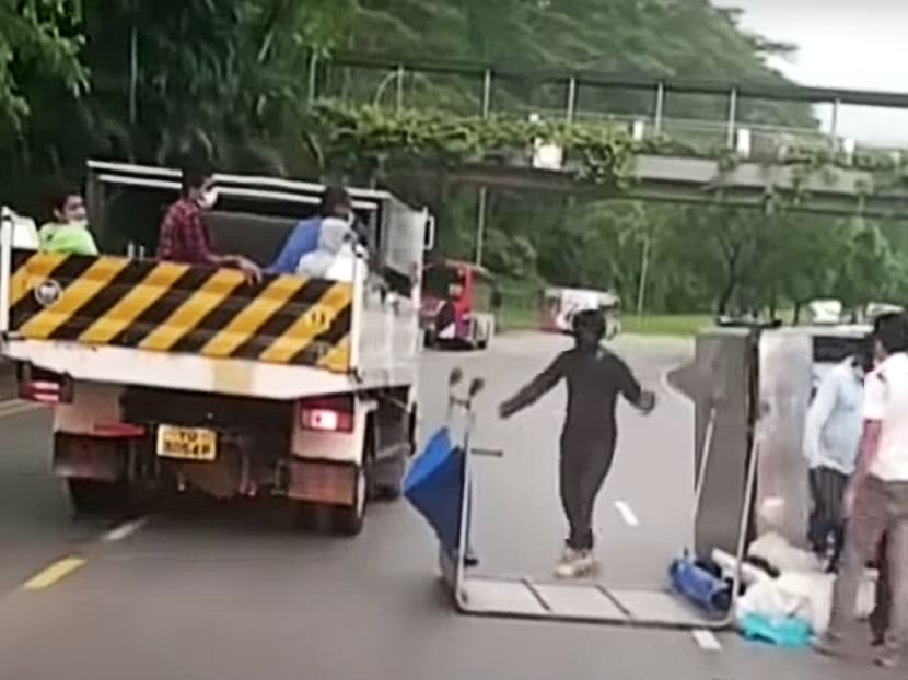 A video of the incident circulating on social media shows the lorry lying on its side. A video of the incident circulating on social media shows the lorry lying on its side.