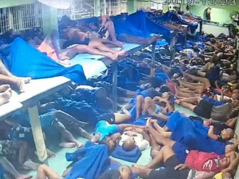 An image captured from hacked CCTV footage posted on Youtube shows an overcrowded cell in Lang Suan prison in Chumphon province.