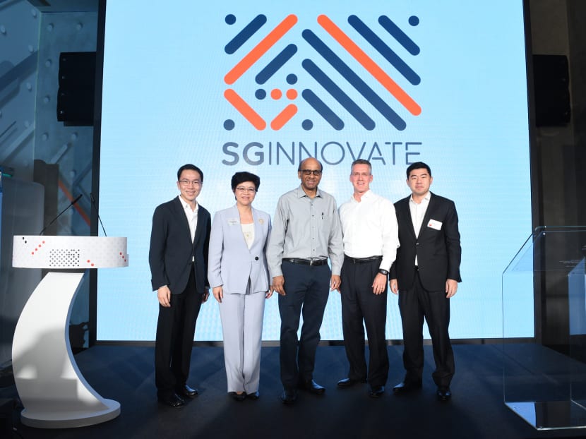 The official launch of SGInnovate, unveiled today by (from left) Dr Beh Swan Gin, Chairman, Economic Development Board; Ms Yong Ying-I, Permanent Secretary (National Research and Development) and Permanent Secretary (Public Service Division),  Deputy Prime Minister & Coordinating Minister for Economic and Social Policies Tharman Shanmugaratnam; Mr Steve Leonard, Founding CEO, SGInnovate; and Mr Gabriel Lim,  Chief Executive (Info-comm Media Development Authority of Singapore). HANDOUT PHOTO BY SGInnovate