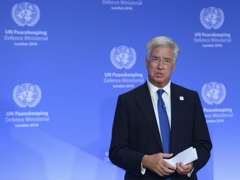 File photo of British Defence Secretary Michael Fallon giving an opening address at the UN Peacekeeping Defence Ministerial at Lancaster House in London on Sep 8, 2016. Photo: AFP