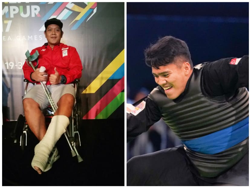 Five months ago, Yudhi (left) was sparring with Shakir (right) during a training session when a  kick into the punching pads sent him tumbling backwards and injured him. Photos: Low Lin Fhoong, Sport Singapore