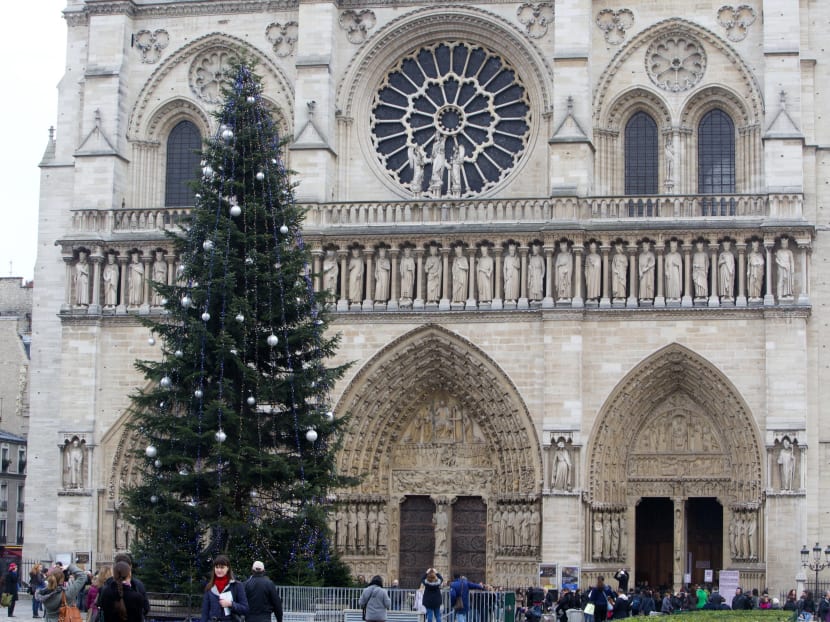 The Christmas tree in front of Notre Dame cathedral in Paris, Tuesday Nov. 25, 2014. Photo: AP