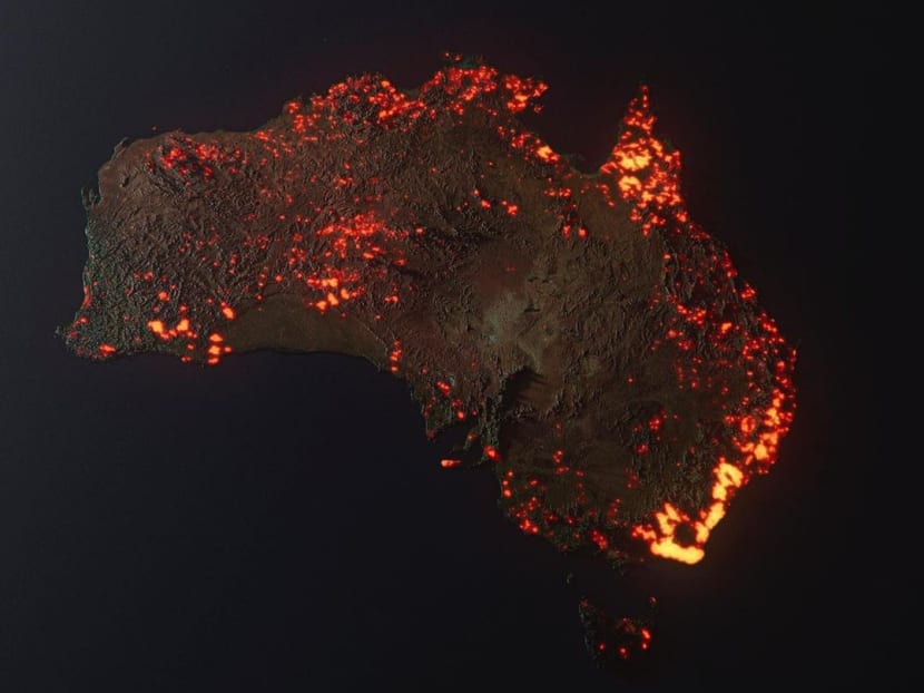Artist Anthony Hearsey's visualisation of the Australian bushfires. The photo, which has been circulating on social media, has been wrongly interpreted as a live map showing the extent of the fires.