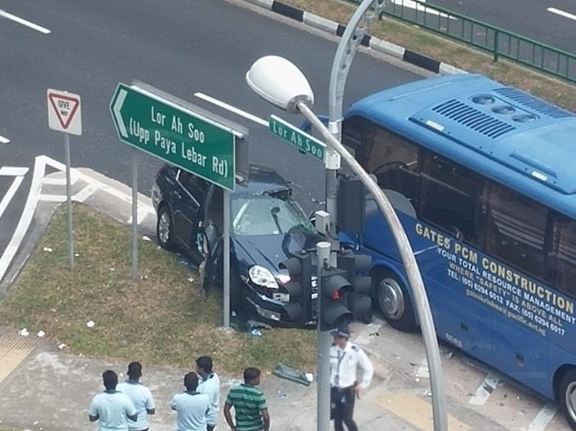 The accident that took place at the junction of Lorong Ah Soo and Hougang Avenue 1. Photo: Prem Kumar via Channel NewsAsia