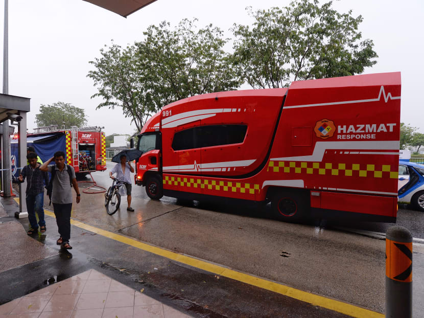 Police and SCDF vehicles outside Woodleigh MRT station, on April 18, 2017. Photo: Robin Choo/TODAY