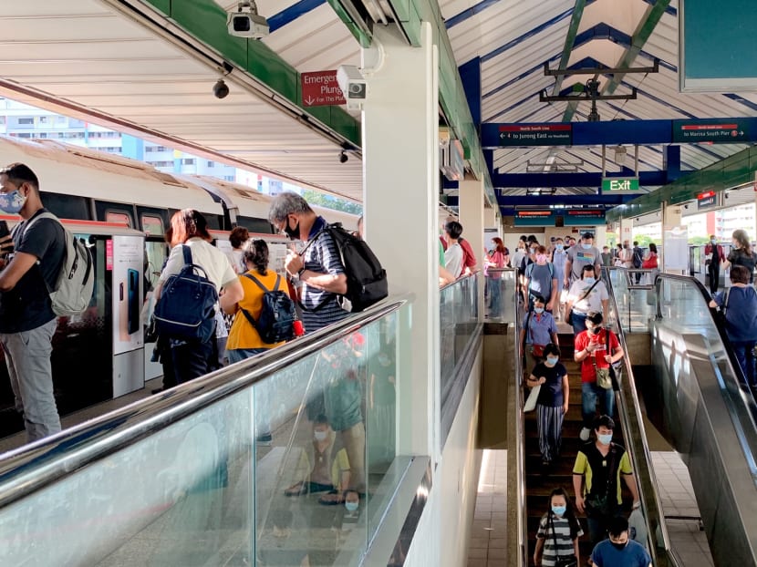 The peak-hour scene at Yishun MRT Station at about 5.40pm on April 20, 2020.