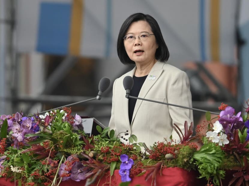 Taiwan's President Tsai Ing-wen speaks at a ceremony to mark the island's National Day in front of the Presidential Office in Taipei on Oct 10, 2022.