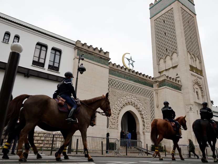 French mounted gendarmes secure the Great Mosque of Paris on Oct 30, 2020.