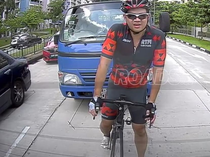 A screengrab of a viral video showing cyclist Eric Cheung Hoyu just before the incident in which lorry driver Teo Seng Tiong allegedly swerved to hit him.