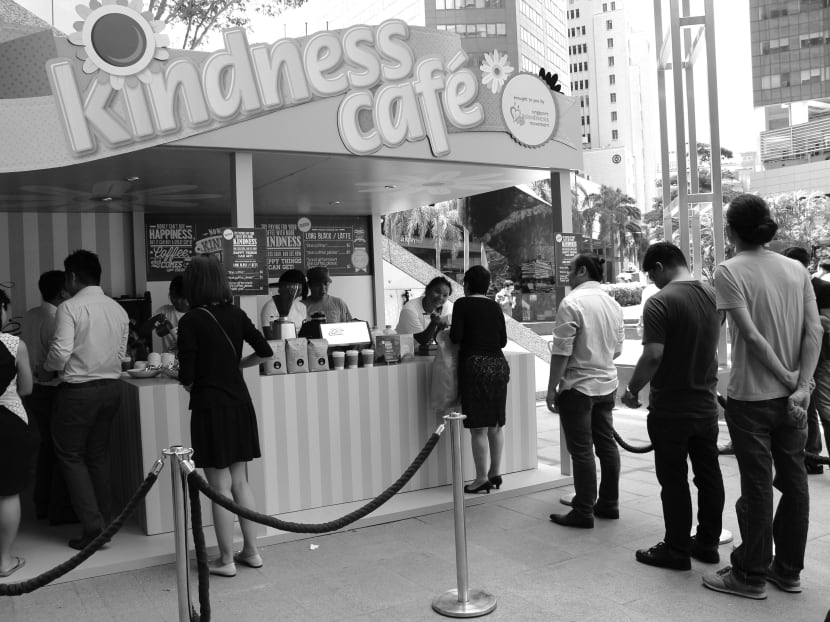 The Singapore Kindness Movement launched a pop-up cafe that rewarded kindness with discounts. While customers are encouraged to be kind to front-line staff, service staff should also deliver.
Photo: Singapore 
Kindness Movement