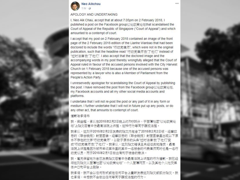 A screenshot of Mr Neo Aikchau's apology on Facebook. Photo: Facebook