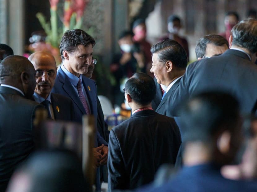 Canadian Prime Minister Justin Trudeau (left) speaks to Chinese President Xi Jinping at the G20 summit in Bali on Nov 15, 2022.