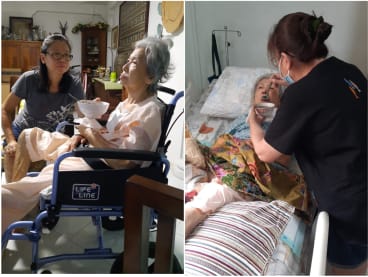 Ms Eveline Gan's grandmother being fed by a daughter Mary (left) who was herself unwell at the time, and by another daughter when the grandmother was down with Covid-19 (right) in 2022.