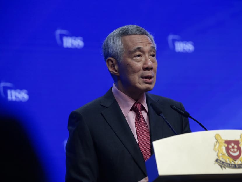 Prime Minister Lee Hsien Loong delivering his keynote speech at the Shangri-La Dialogue on May 31, 2019.
