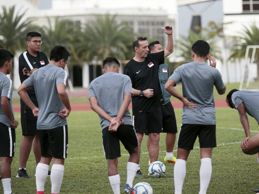 S’pore SEA Games coach Richard Tardy conducting training on Saturday. The team’s youth is the reason behind their inconsistency, he says. Photo: Jason Quah