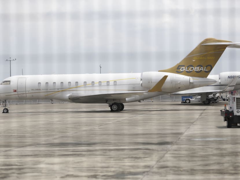 A plane matching the photo and description by whistleblower site Sarawak Report was seen at Seletar Airport, but its registration number had been covered up. Photo: TODAY