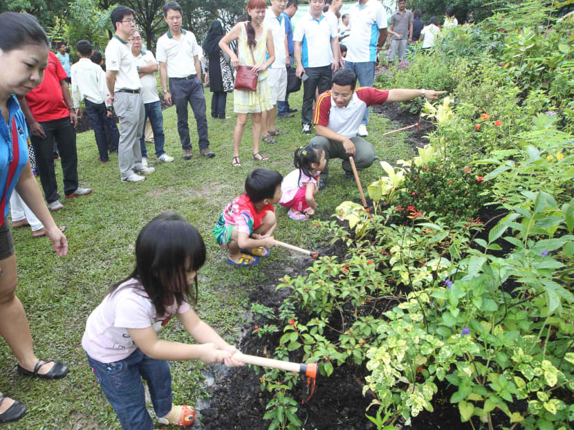 Minister of State for National Development Desmond Lee interacts with children who were trying their hands at tilling the soil with small hoes at the Jurong Spring Butterfly Garden on Nov 9, 2014. Photo: Ooi Boon Keong