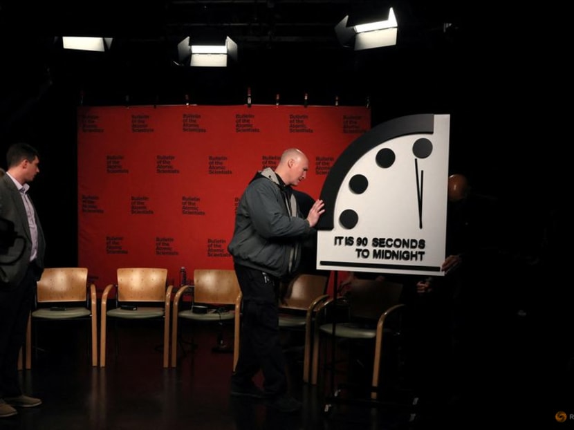 The clock with the Bulletin of the Atomic Scientists is being placed at a TV studio ahead of the announcement of the location of the minute hand on its Doomsday Clock, indicating what world developments mean for the perceived likelihood of nuclear catastrophe, at the National Press Club in Washington, U.S., January 24, 2023. REUTERS/Leah Millis