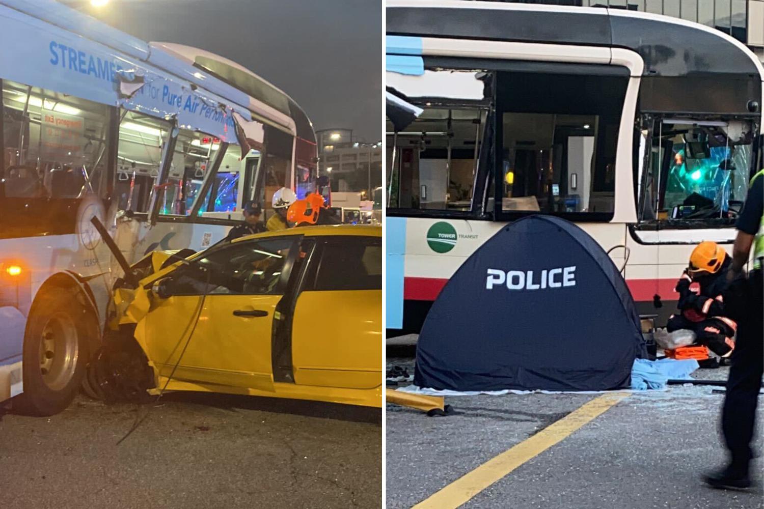 Screengrabs from social media showing the scene of the accident in Woodlands involving a car and a bus. 