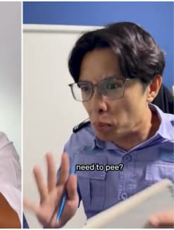Screenshots from a video by SGAG showing a skit involving security guards and their inane questions on the first day of their job.