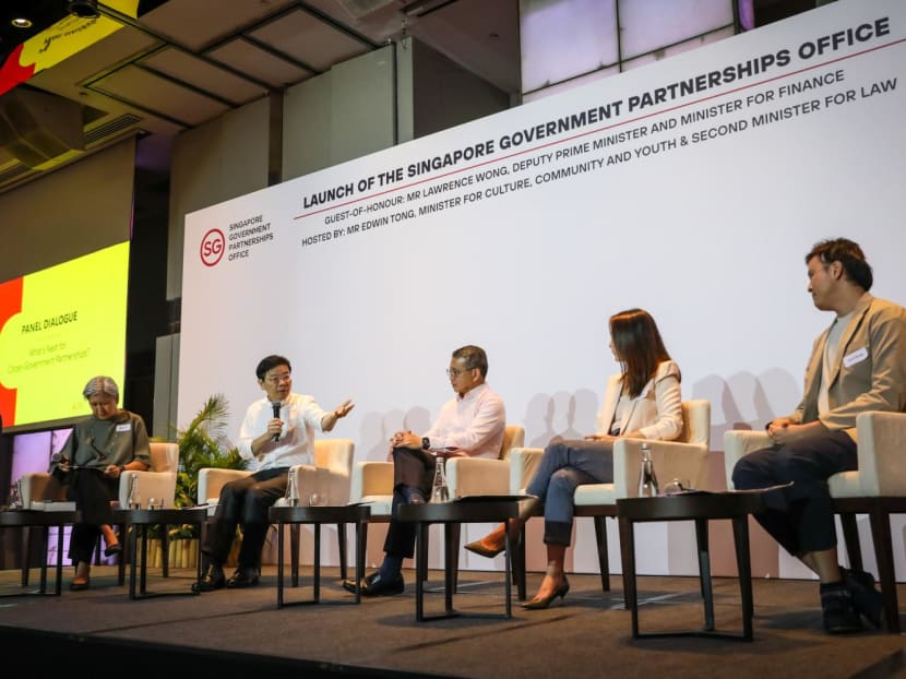 Dialogue during the launch of the Singapore Government Partnerships Office (SGPO) on Jan 19, 2024, between (from left) Dawn Yip, coordinating director, SGPO, DPM Lawrence Wong, Minister for Culture, Community and Youth Edwin Tong, Dr Carol Soon, Principal Research Fellow at the Institute of Policy Studies, and Mr Larry Yeung, Executive Director of Participate in Design (P!D), a non-profit design organisation. Dialogue during the launch of the Singapore Government Partnerships Office (SGPO) on Jan 19, 2024, between (from left) Dawn Yip, coordinating director, SGPO, DPM Lawrence Wong, Minister for Culture, Community and Youth Edwin Tong, Dr Carol Soon, Principal Research Fellow at the Institute of Policy Studies, and Mr Larry Yeung, Executive Director of Participate in Design (P!D), a non-profit design organisation.