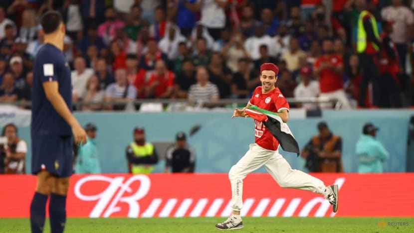 Supporter runs onto pitch during Tunisia v France game with Palestinian flag Supporter runs onto pitch during Tunisia v France game with Palestinian flag