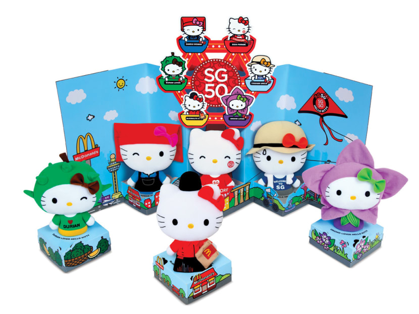 The SG50 themed Hello Kitty Plush Collectibles to be sold by McDonald's Singapore. Photo: McDonald's Singapore